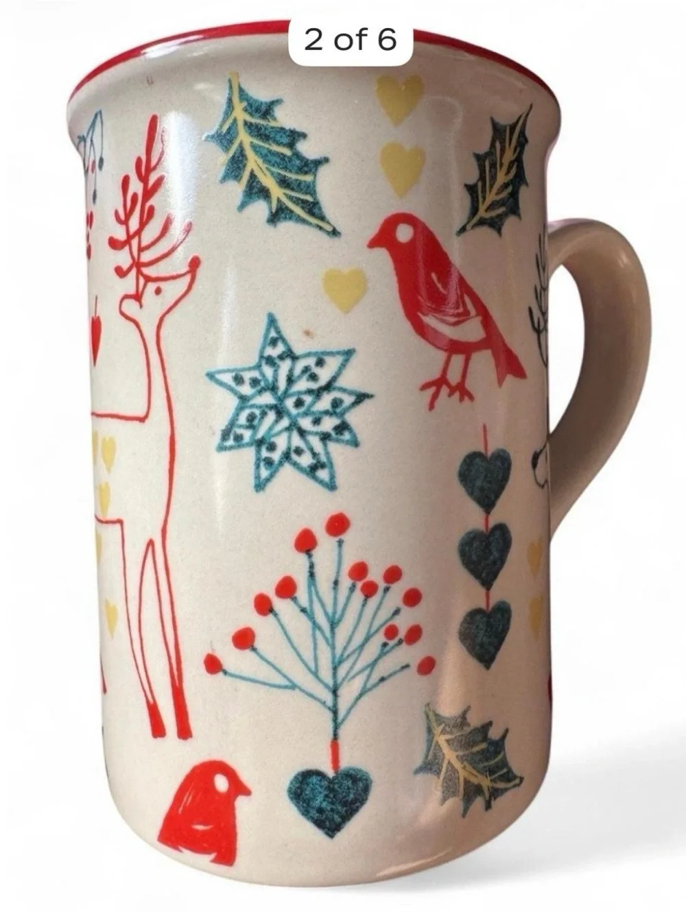 Cost Plus World Market holiday Christmas Cream Ceramic Mug reindeer’s, birds